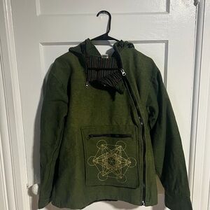 Green Hooded Jacket with Geometric Design. Soft canvas